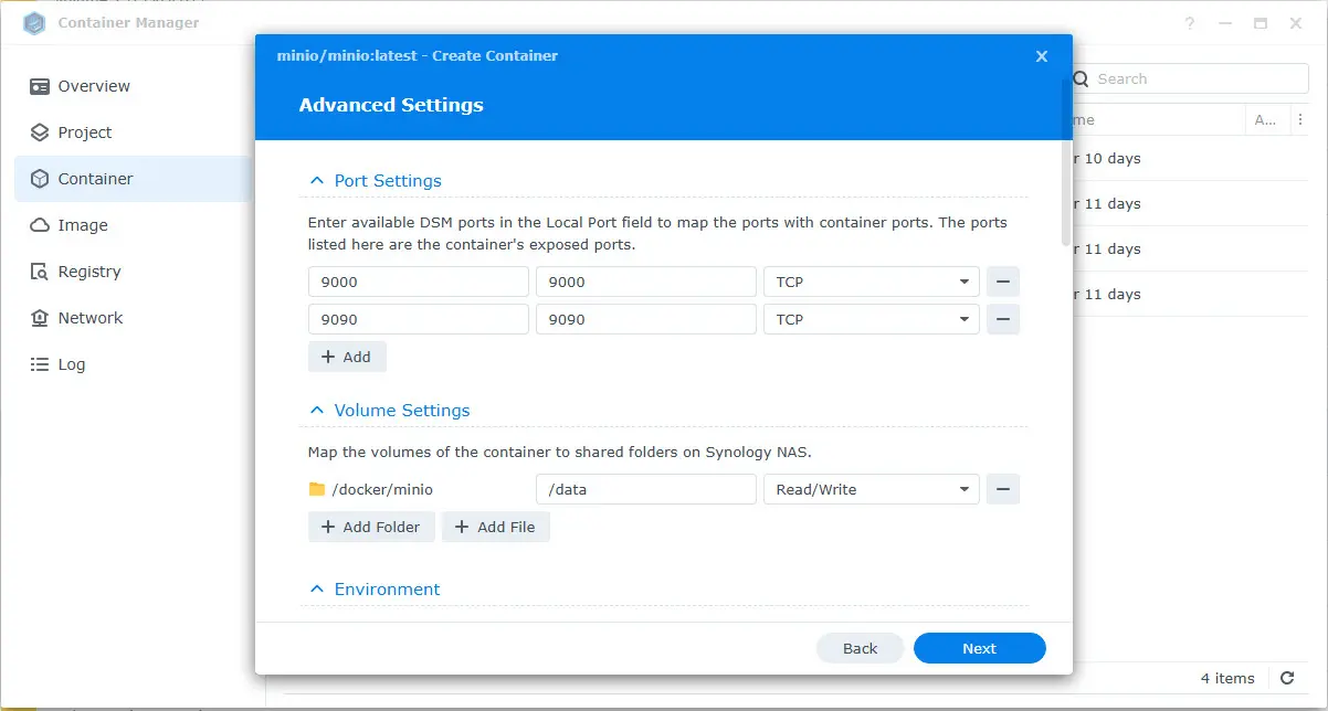 Setting port and volume settings for minio s3 compatible storage