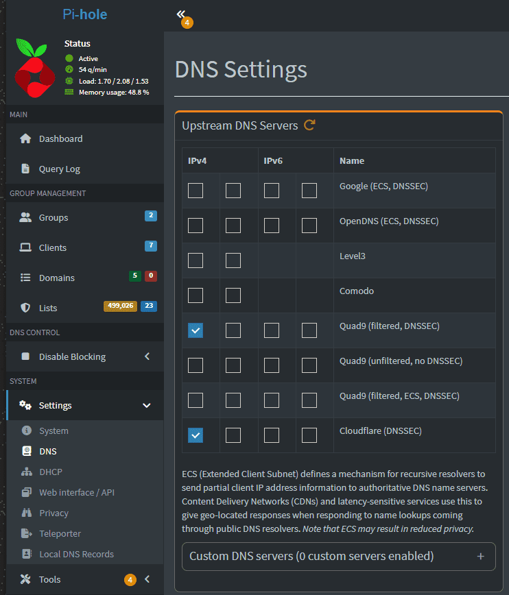 Pihole dnssec configuration settings