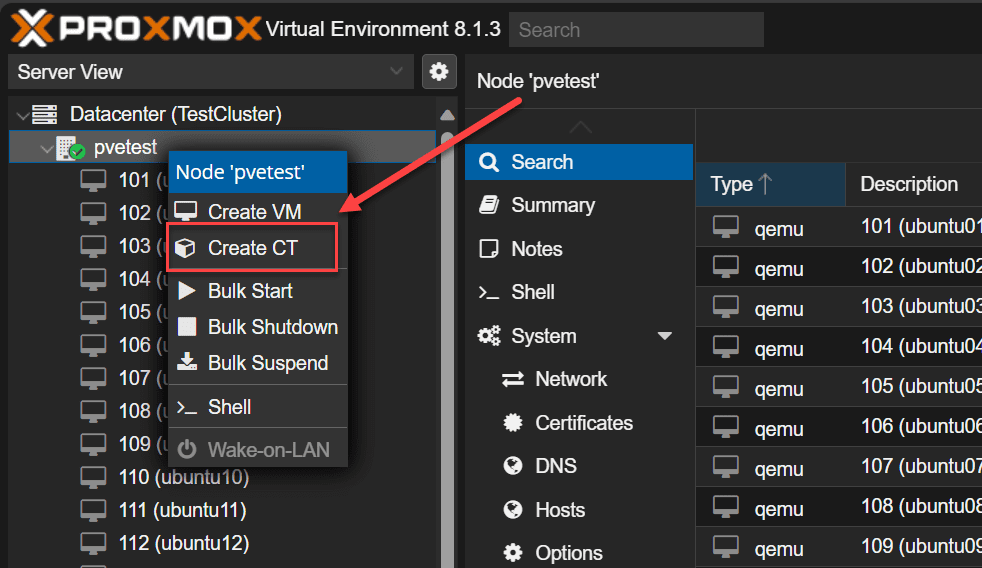 Creating an lxc container in proxmox