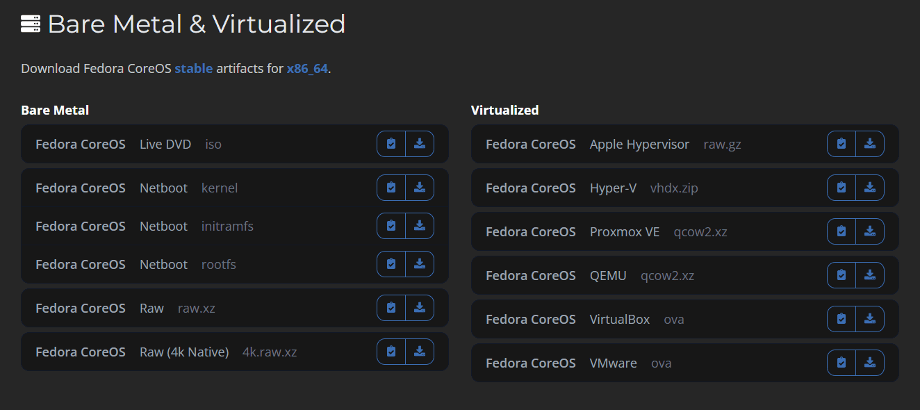 Fedora coreos has many options for platforms both bare metal and virtualization environments