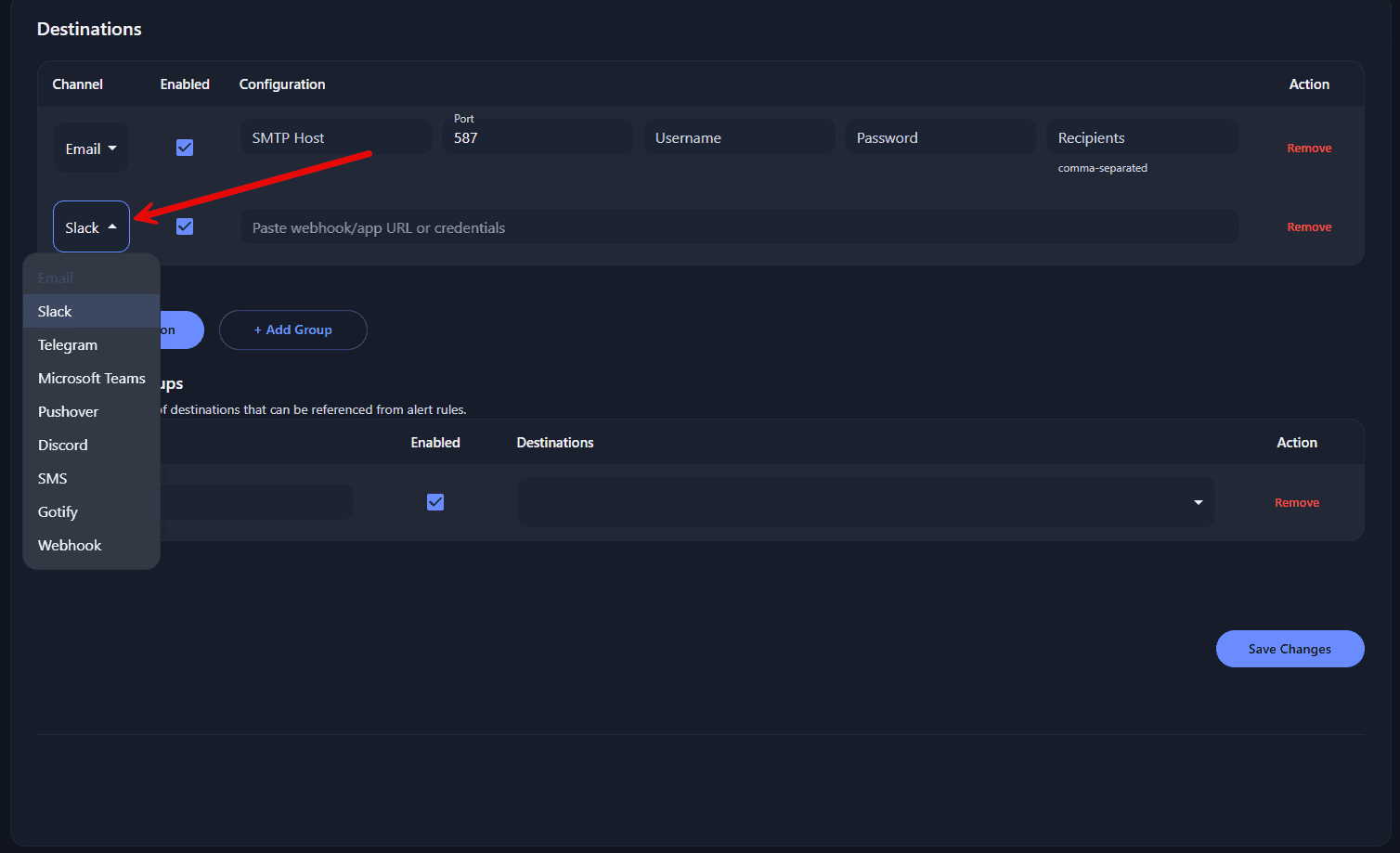 Logforge alert destinations for configuration