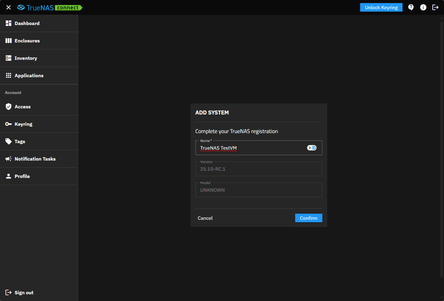 Adding a truenas test vm to truenas connect