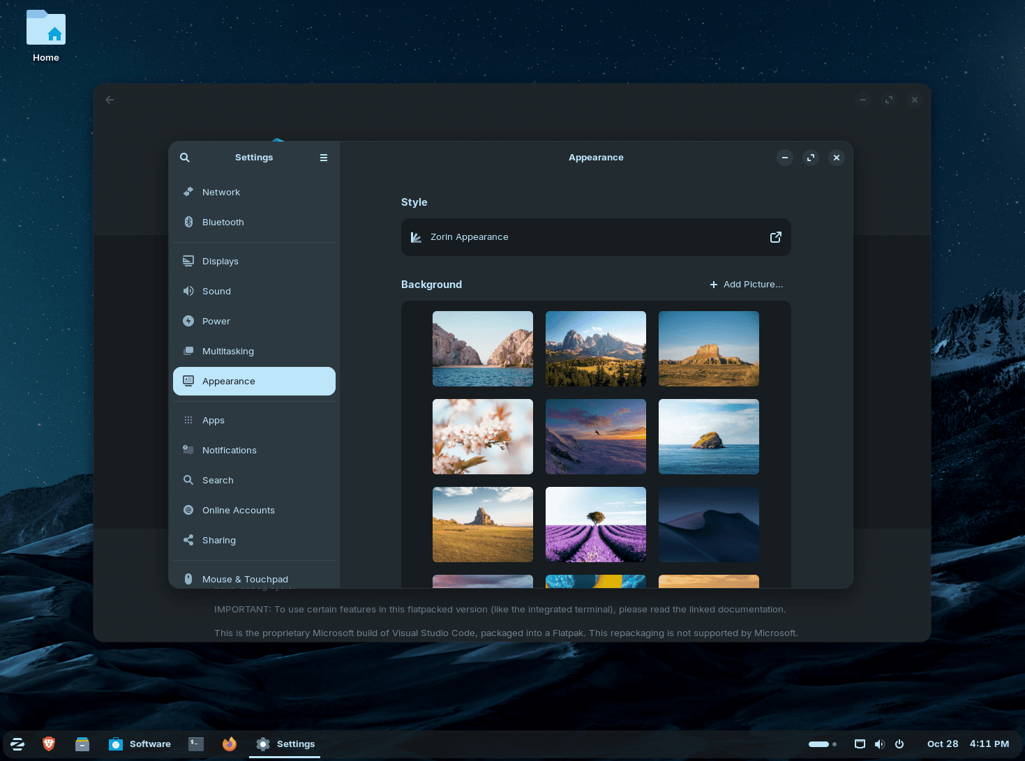 Appearance and backgrounds in zorin os