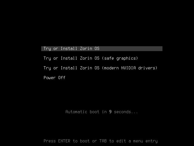 Booting from the zorin os iso