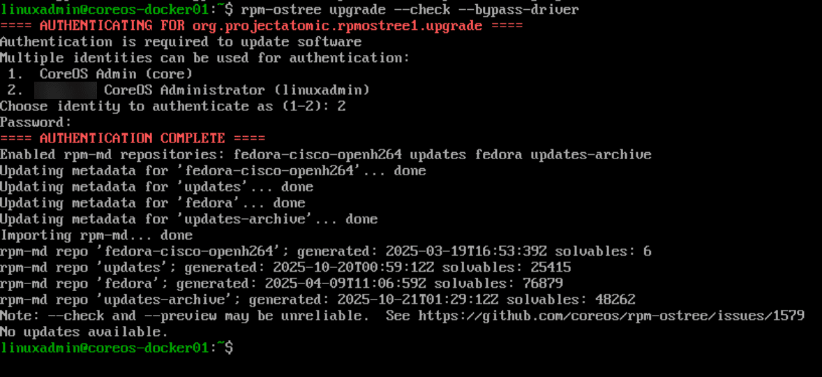 Checking for updates in fedora coreos installation