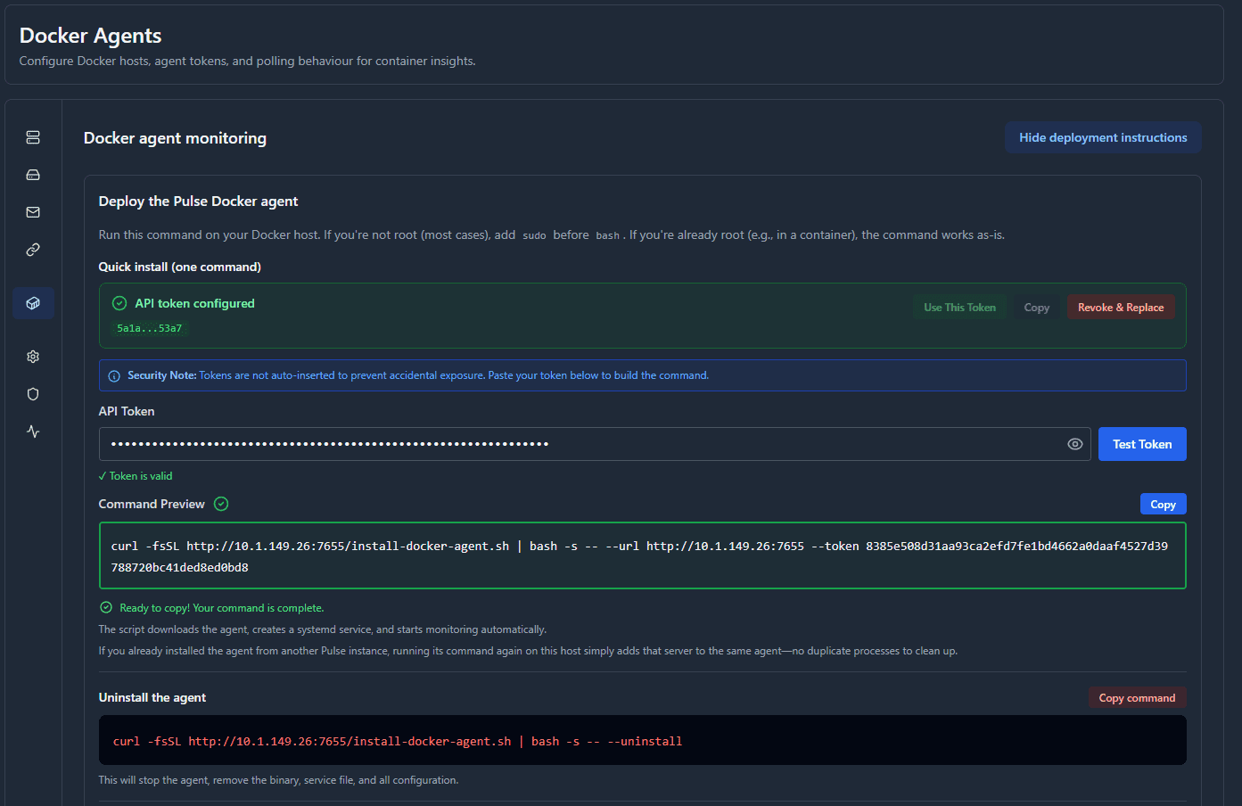 Command was available to copy from the screen for docker host in pulse monitoring