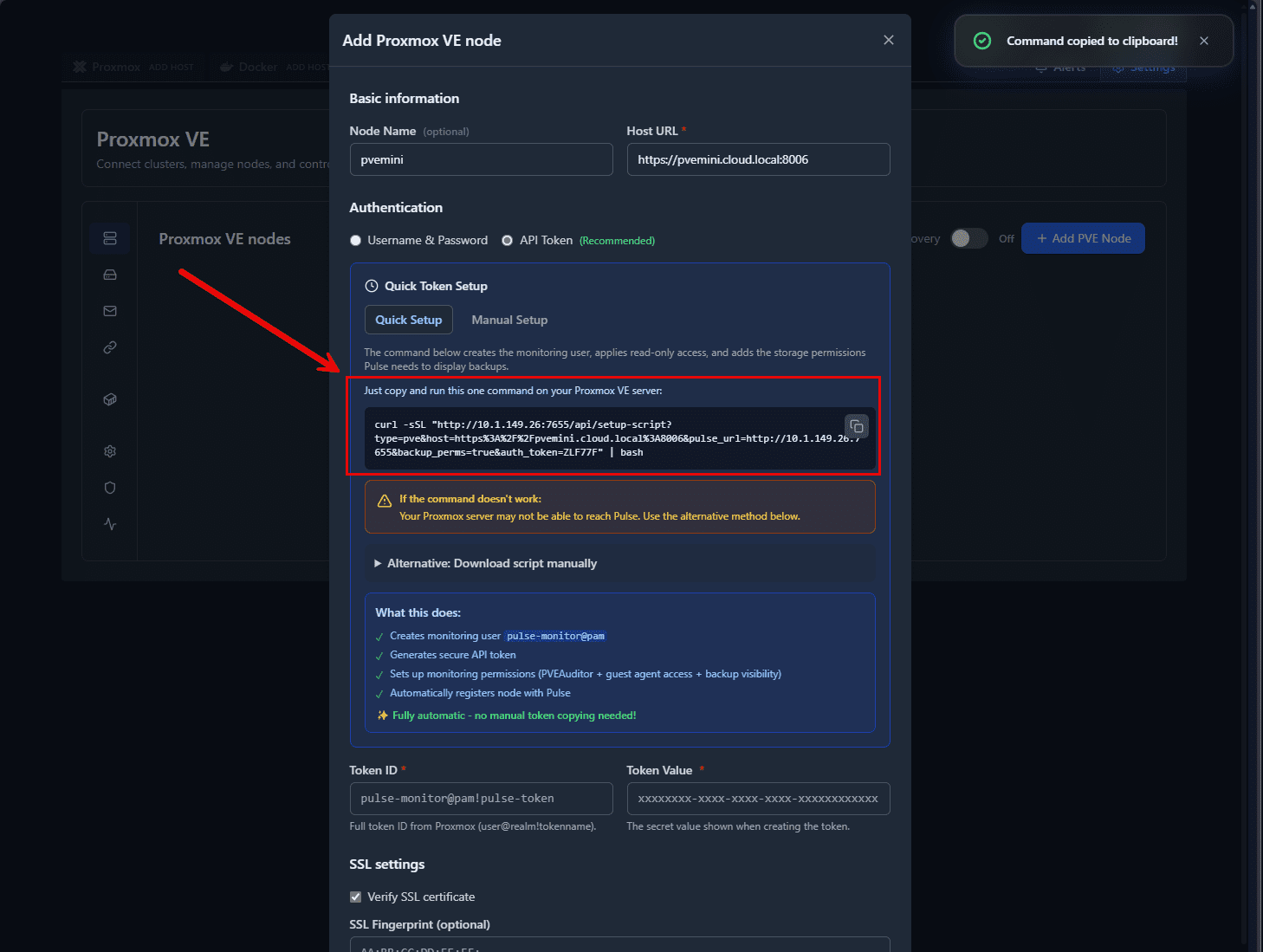 Copying the generated command after adding the name and url