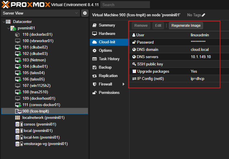 Edit the cloud init settings of the immutable home lab server os fedora coreos