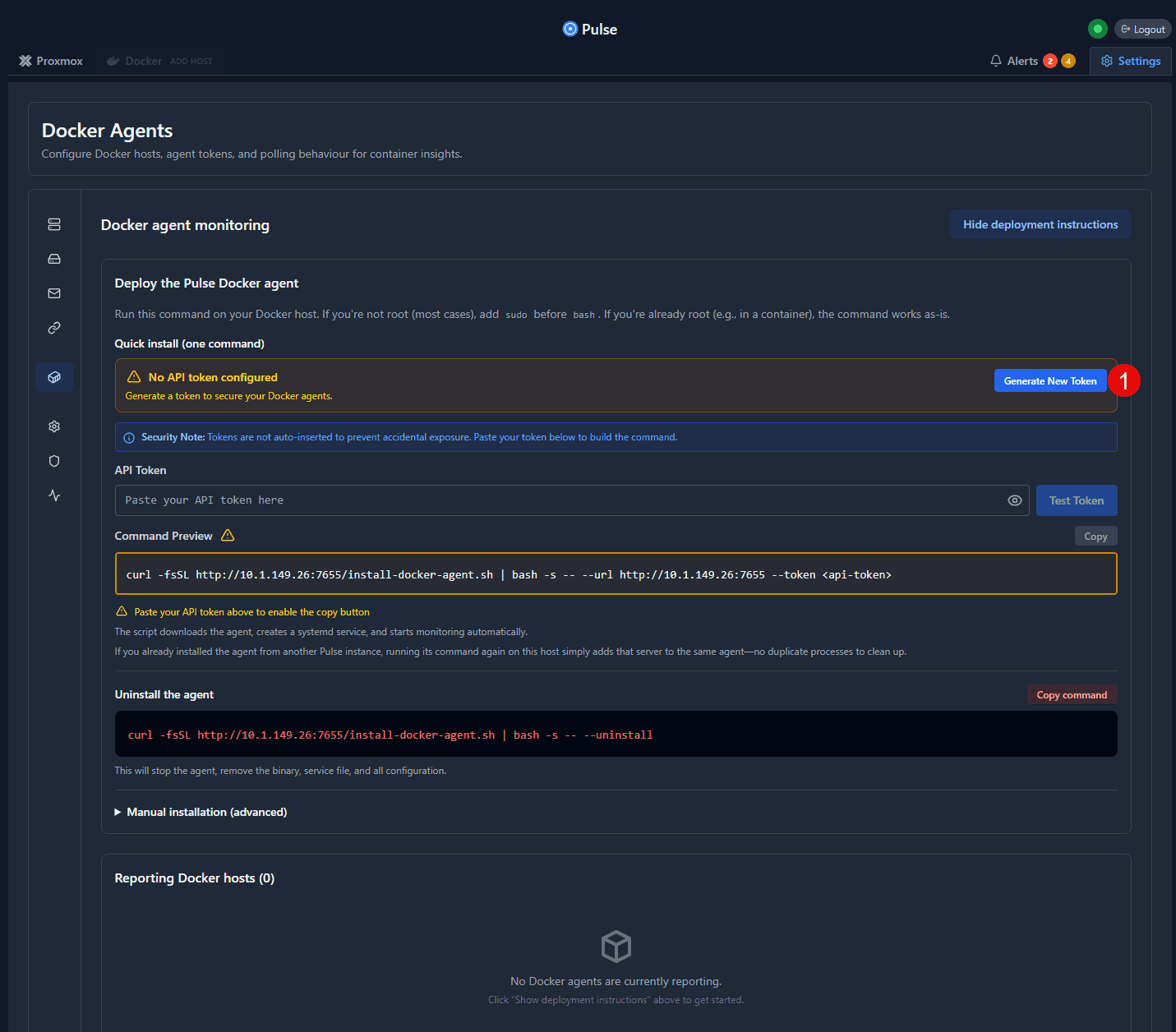 Generate new token for ;use in onboarding docker host