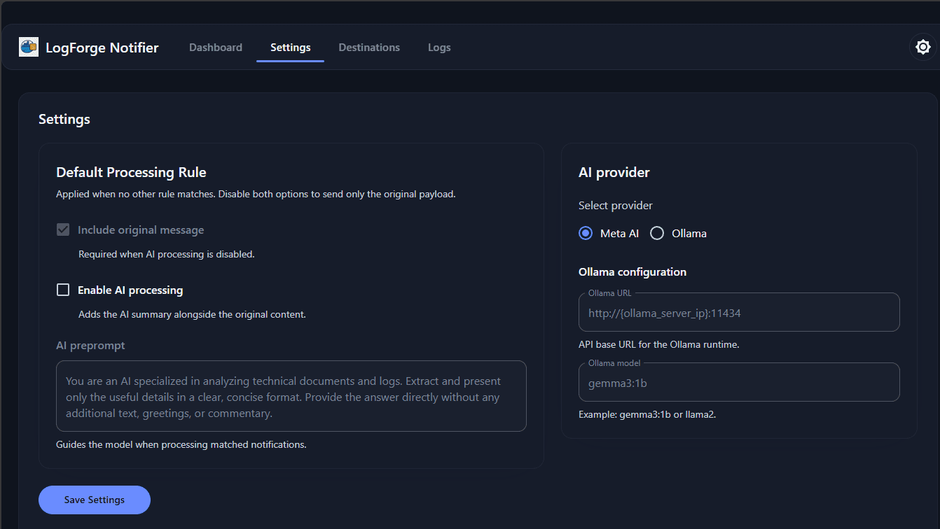 Logforge notifier settings