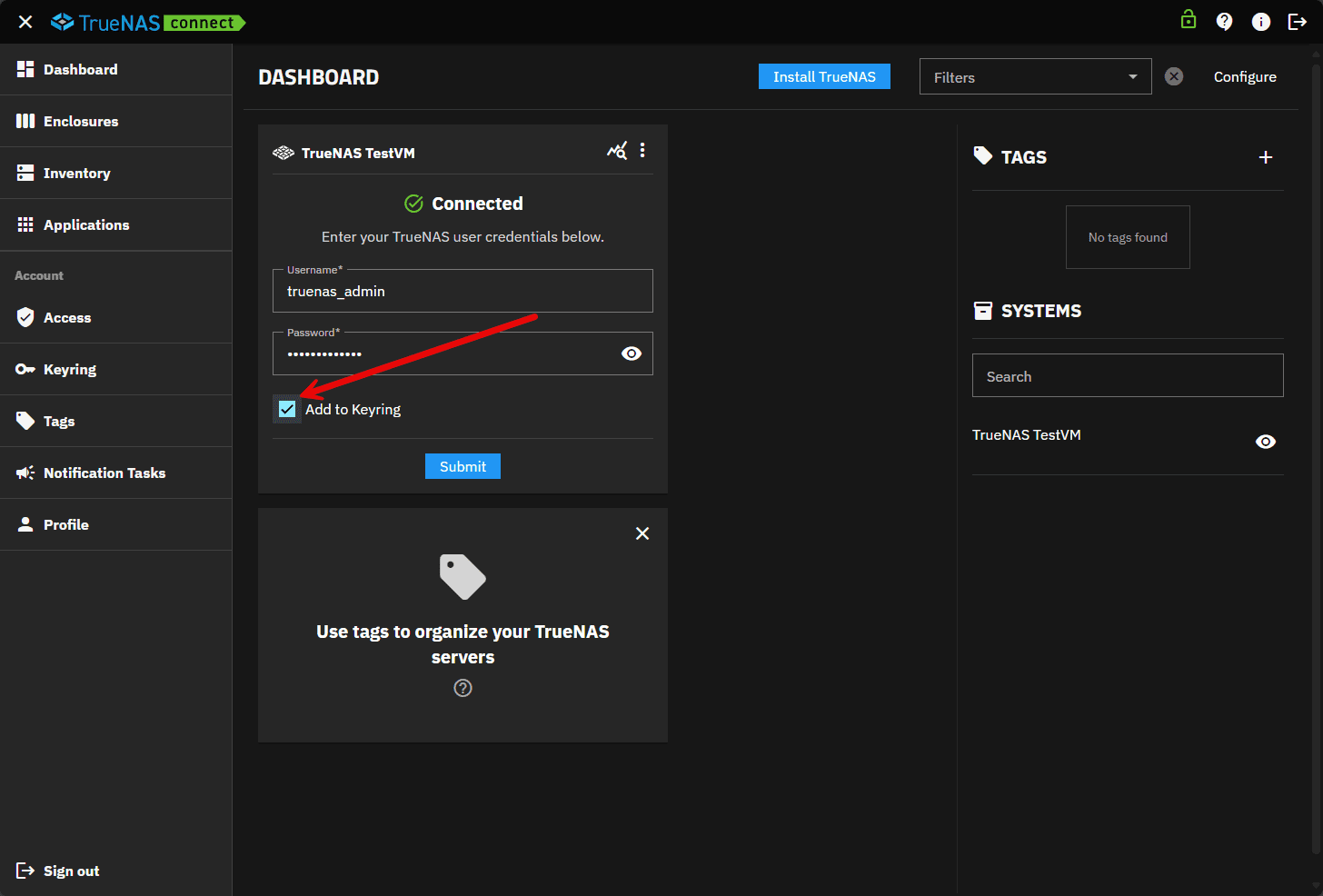 Logging in and adding the credentials for truenas to the keyring