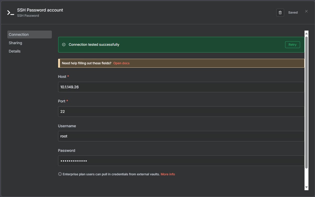 New ssh node that with tested credentials