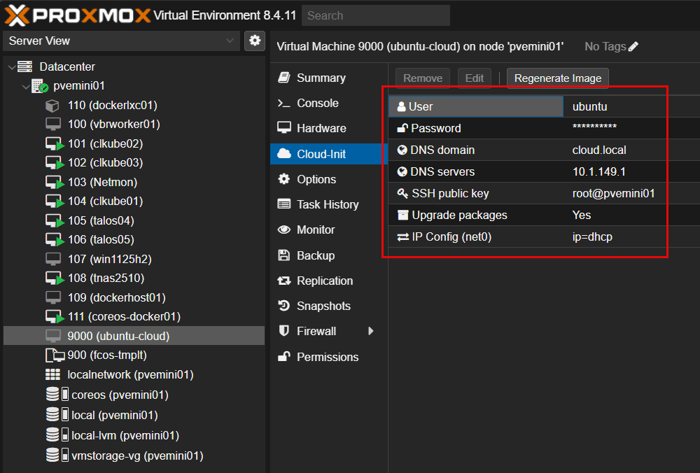 Verifying the cloud init parameters in the proxmox web ui