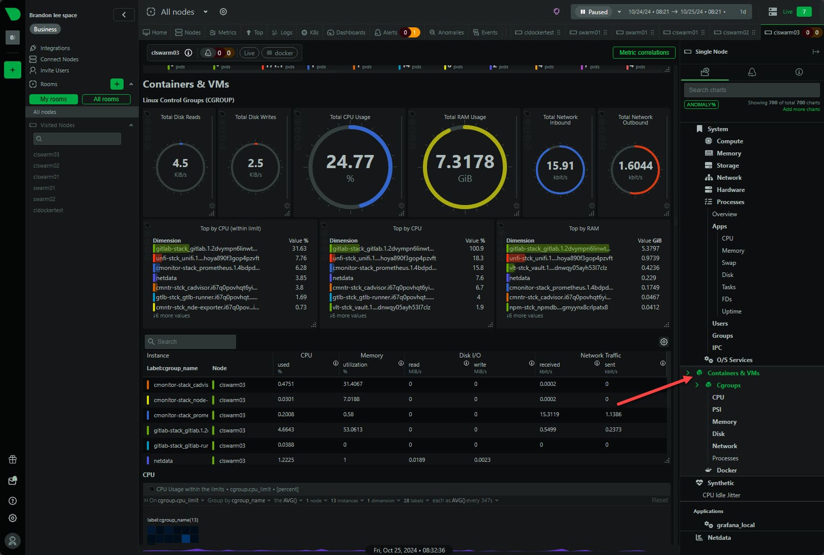 Viewing cgroup information for containers in netdata