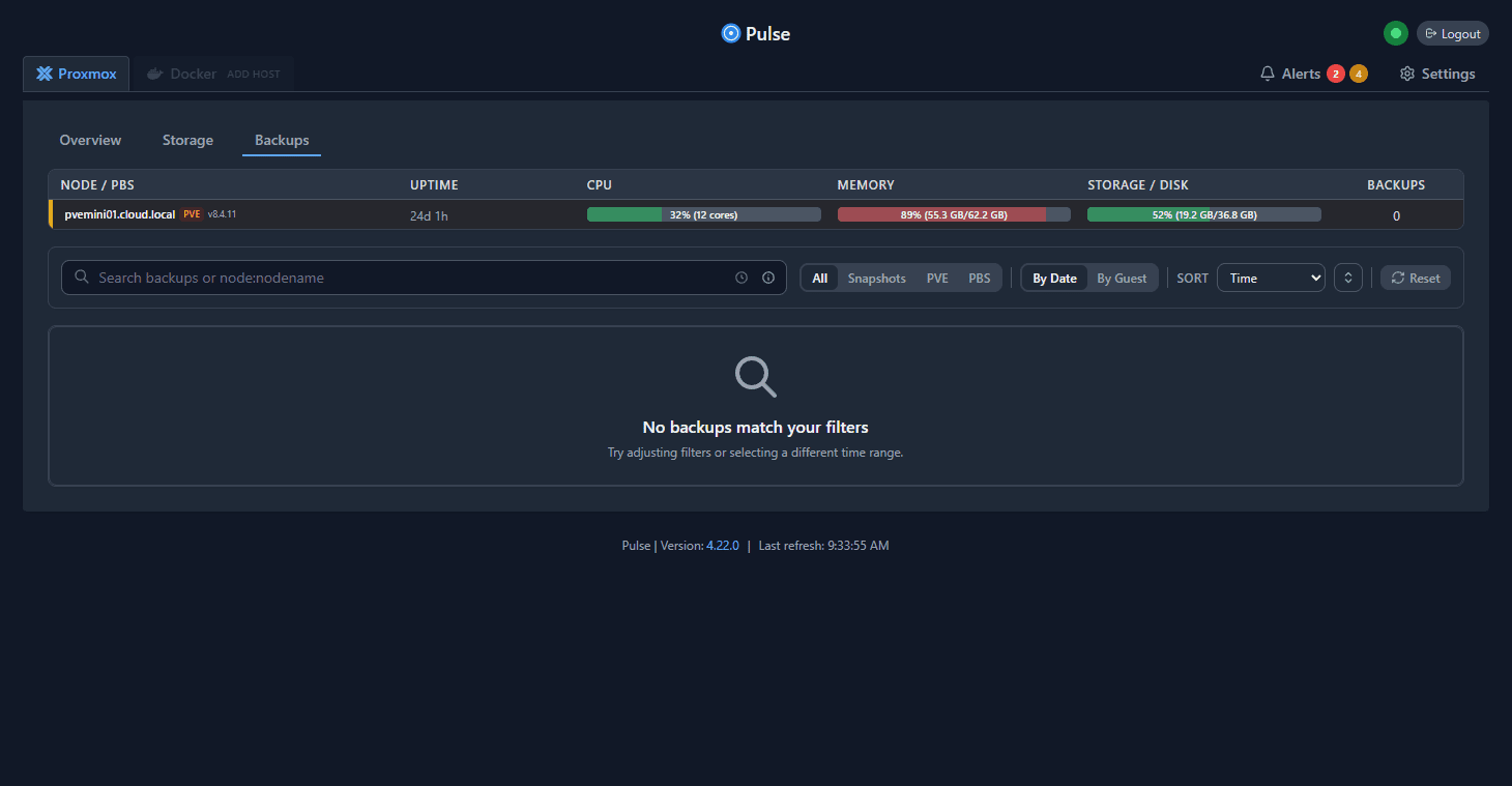 Viewing the backups for a specific pve node