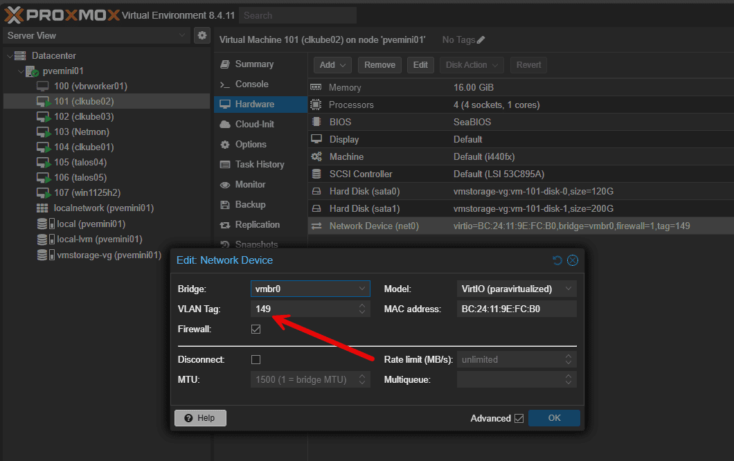 Vlan tag assigned to the network adapter for a proxmox virtual machine