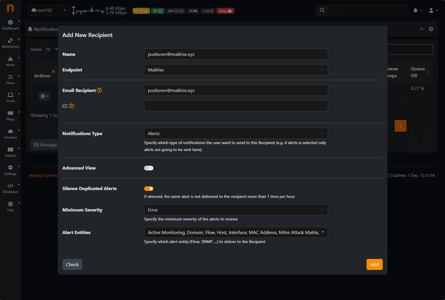 Adding an alert recipient in ntopng