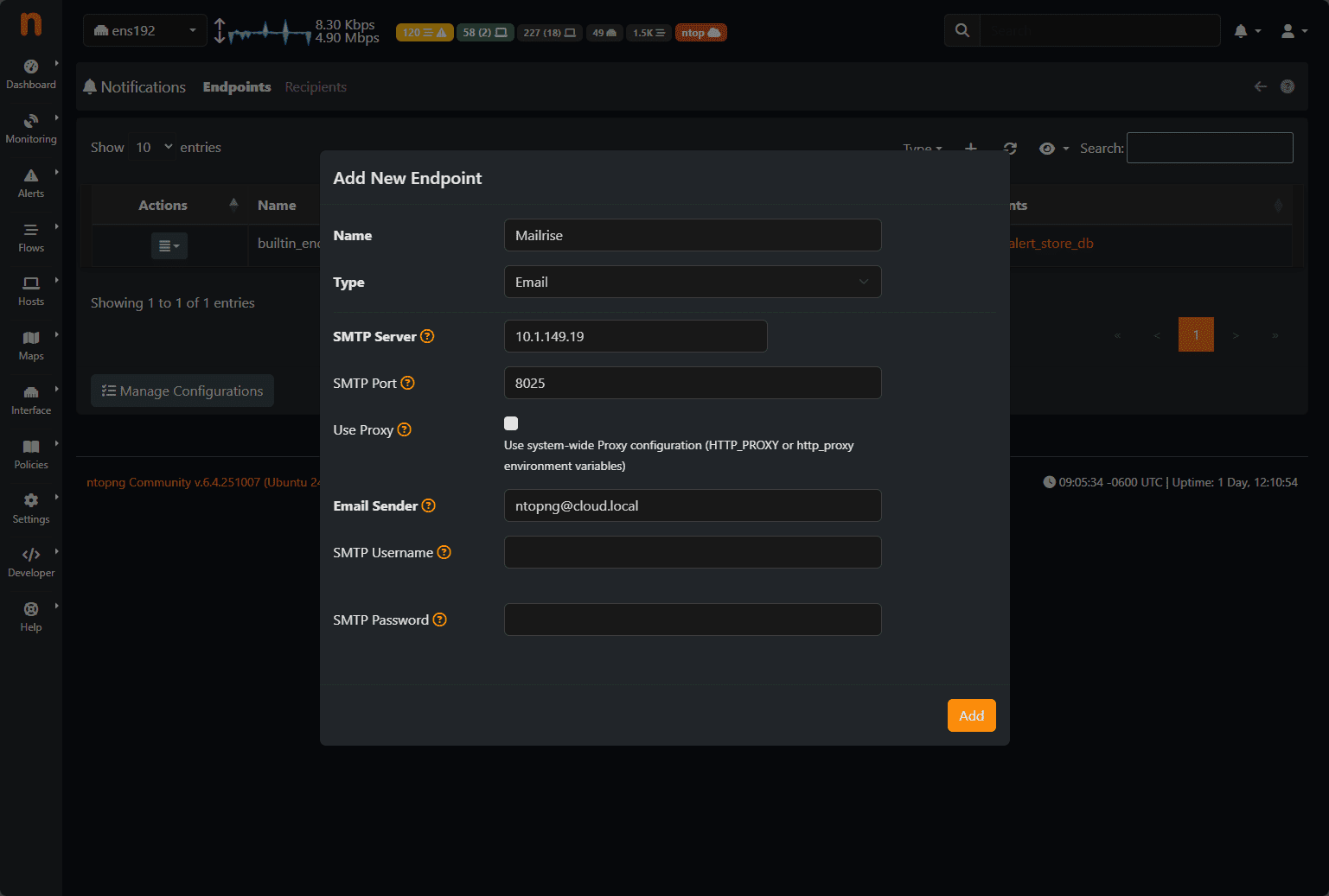 Adding an smtp mailrise endpoint using ntopng