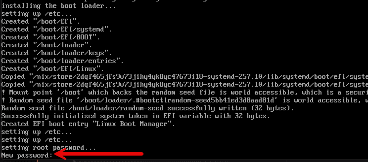 After the successful install of nixos it will prompt for root password 1