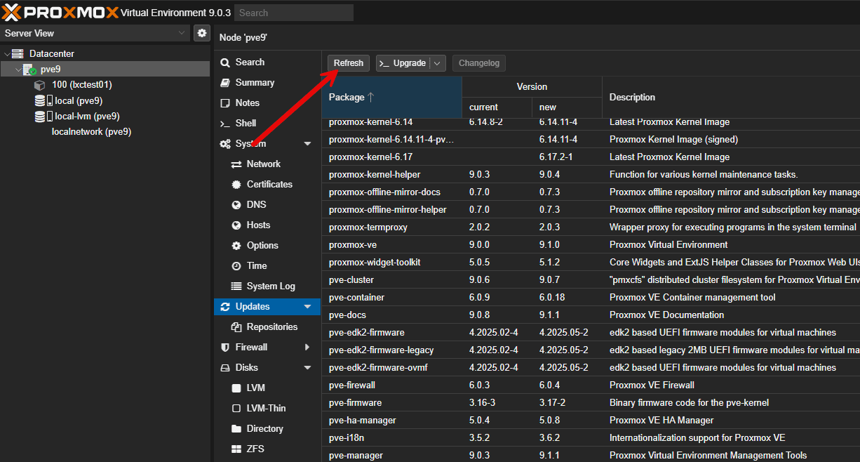 Beginning to refresh the updates on proxmox ve 9 server