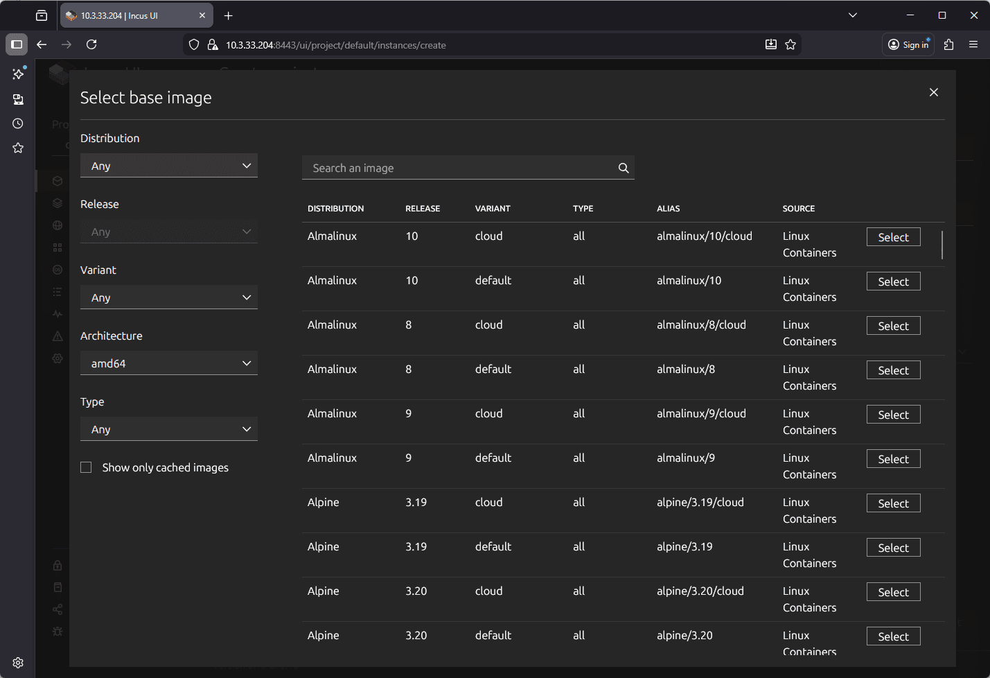 Browsing base images