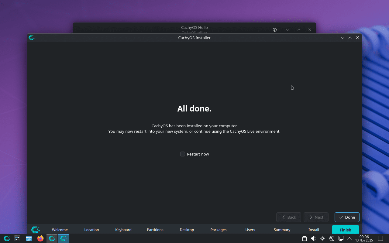 Cachy linux install completes successfully