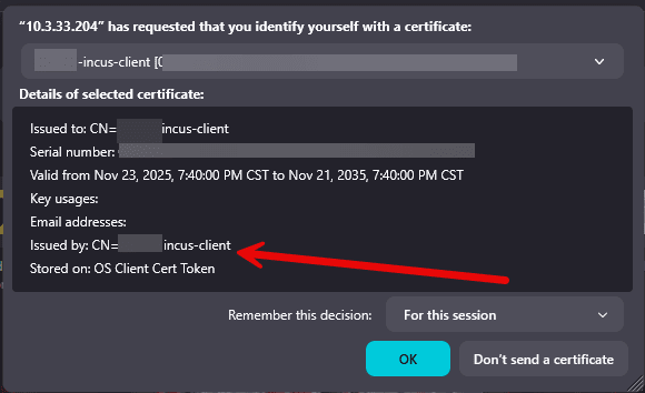 Choose the incus client certificate that you imported