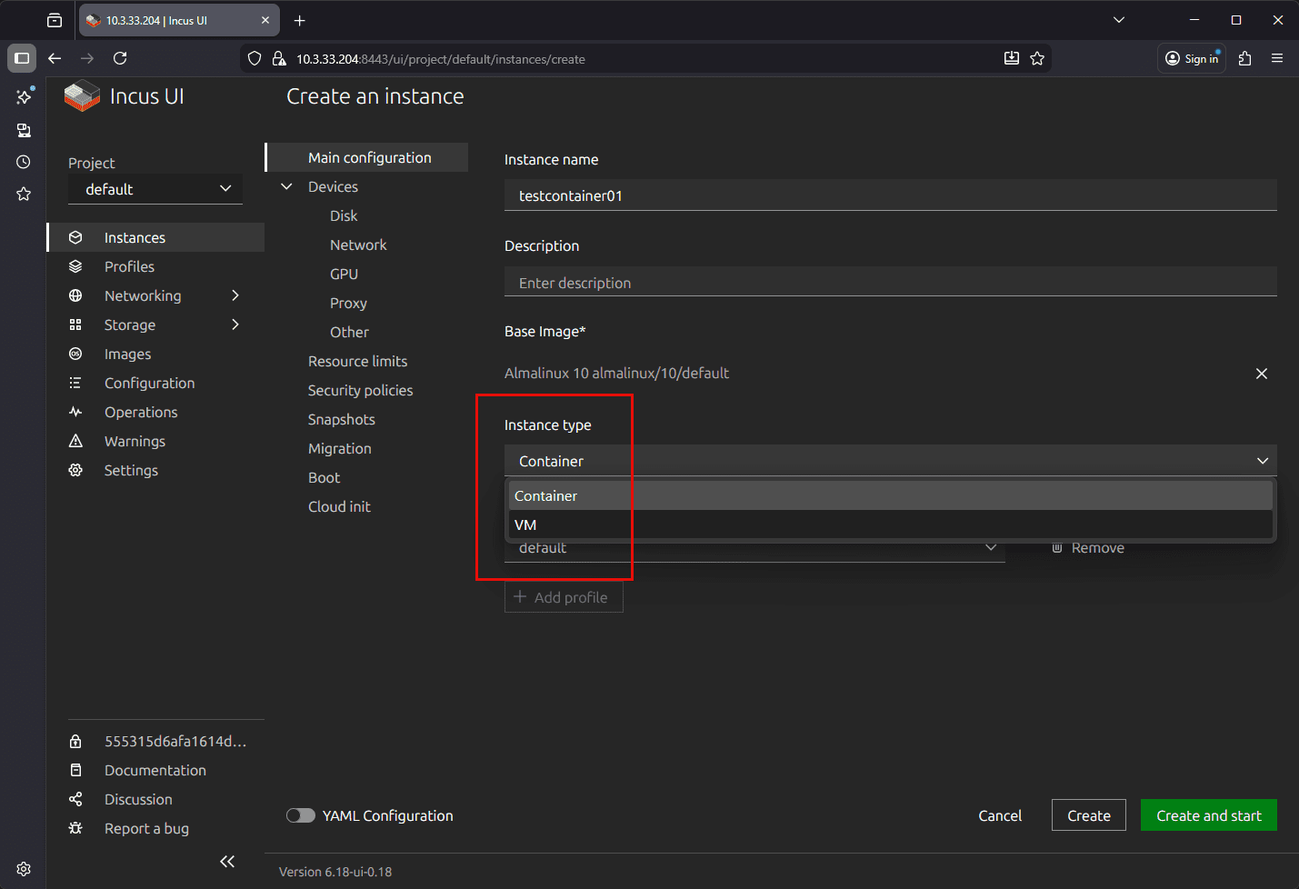 Choosing alma linux image in incusos