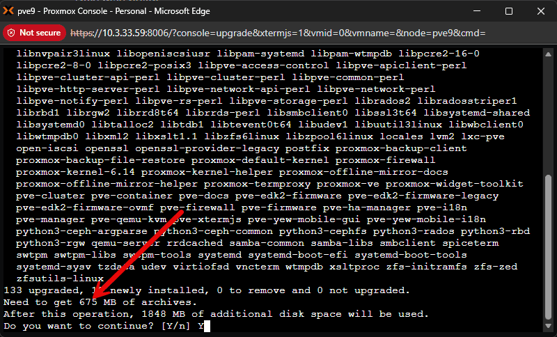 Confirming the update to proxmox ve server 9.1