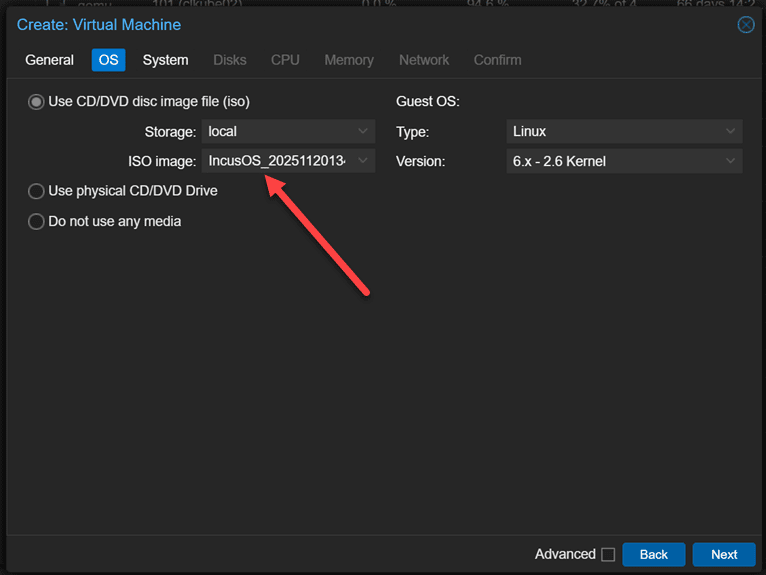 Creating a proxmox vm with the new incusos iso image