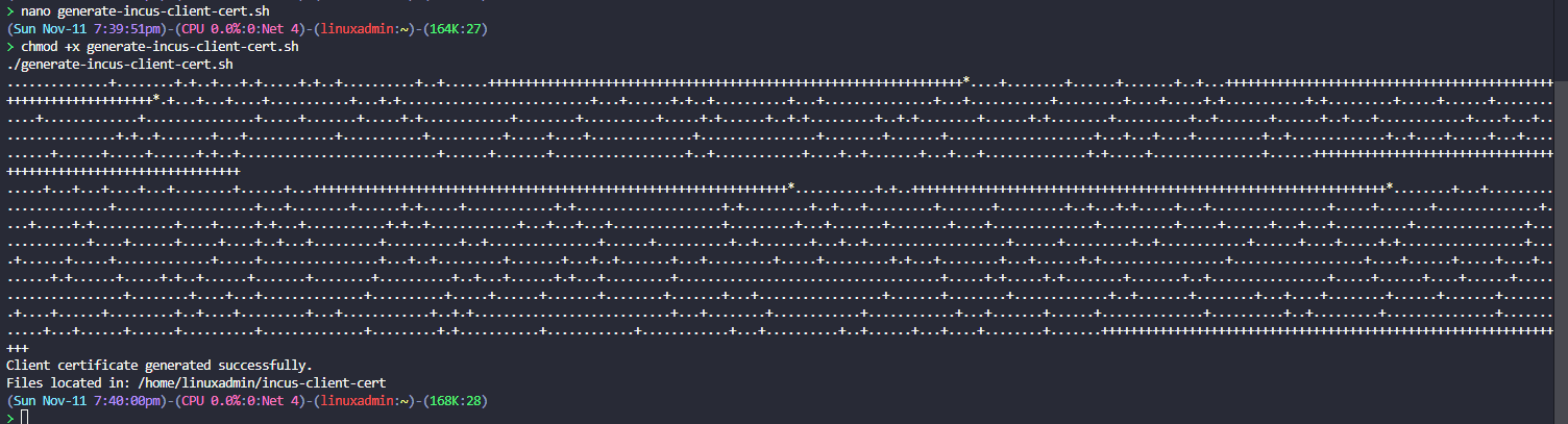 Creating the incus client certificate with the script