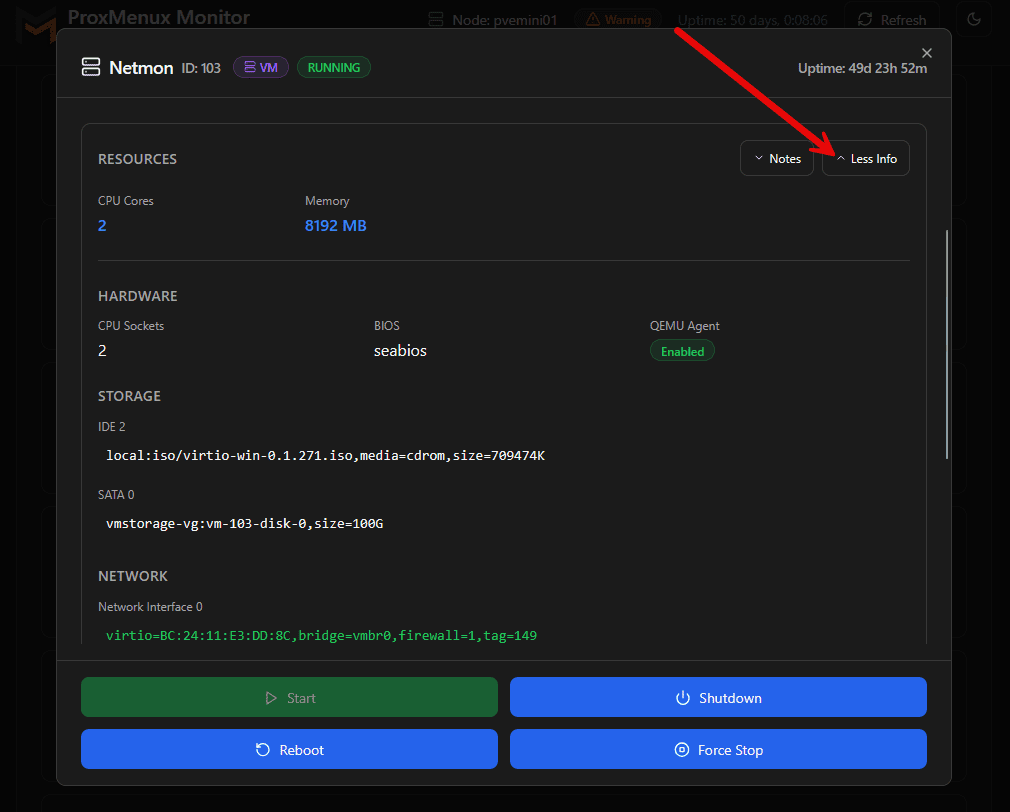 Detailed virtual machine and lxc container view in proxmenux monitor