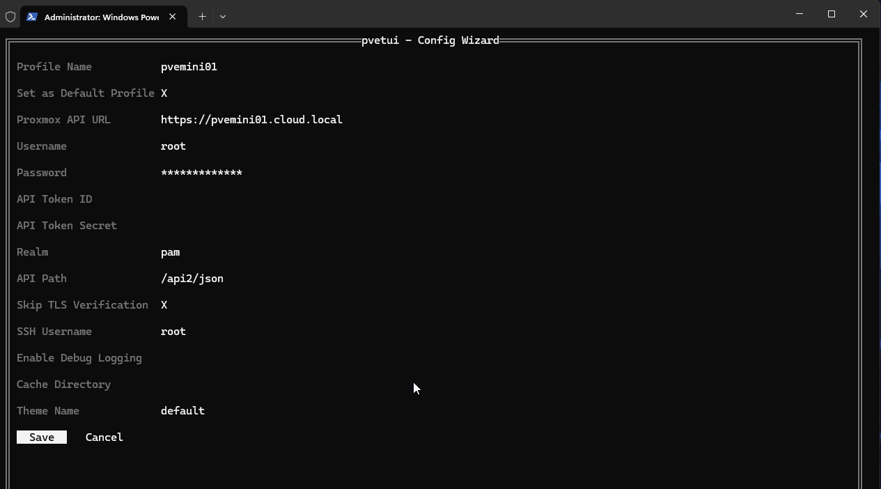 Filling in the details on the pvetui configuration screen