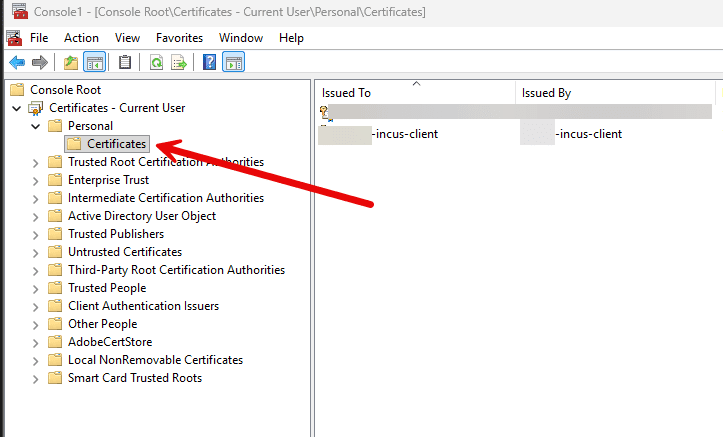 Importing the pfx file into current user personal certificates