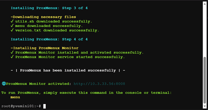 Installation of proxmenux monitor completes successfully