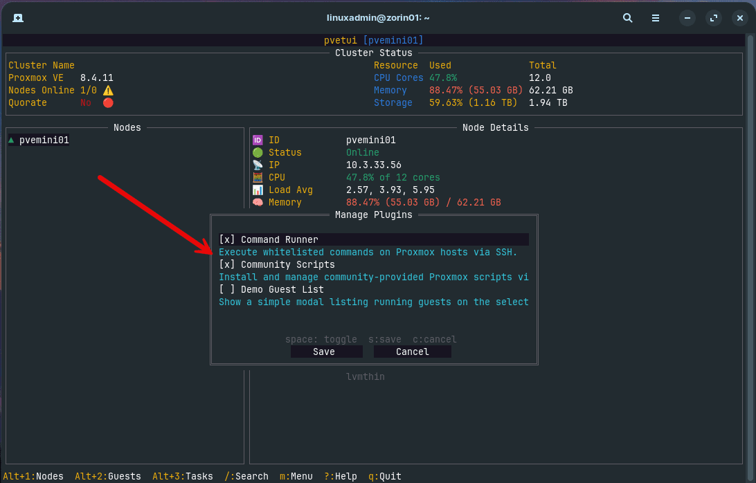 Manage plugins screen in pvetui