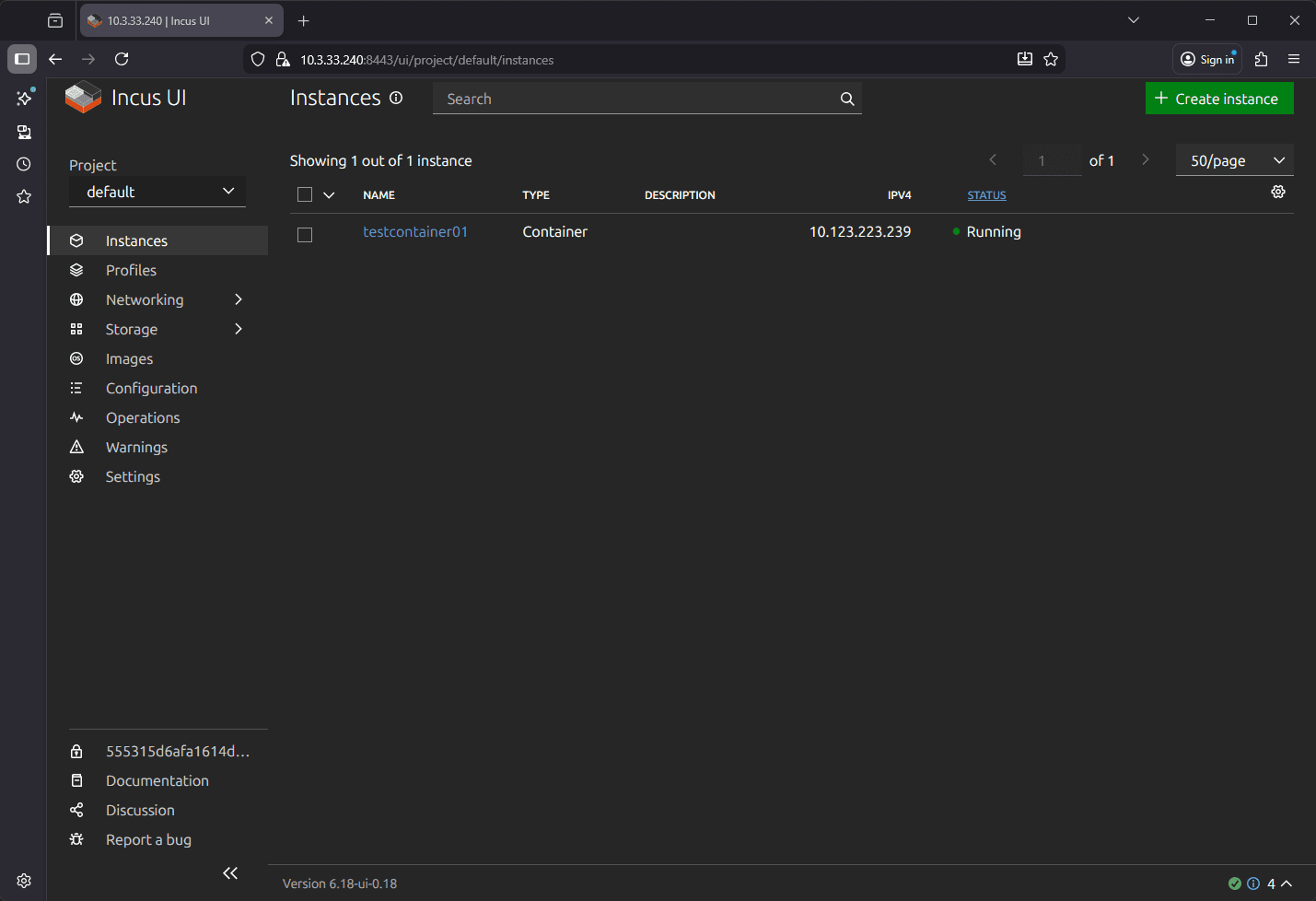 New container is running in incusos