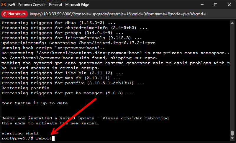 Rebooting after the proxmox ve server 9.1 upgrade