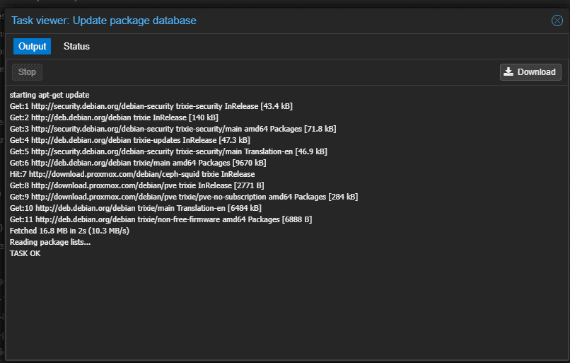 Refreshing updates in proxmox 9
