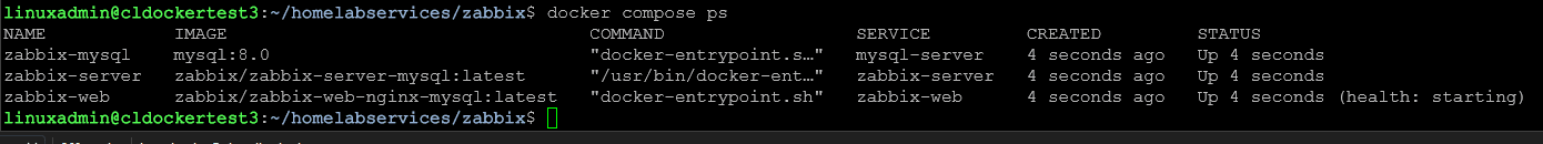 Running a docker compose ps to check zabbix health