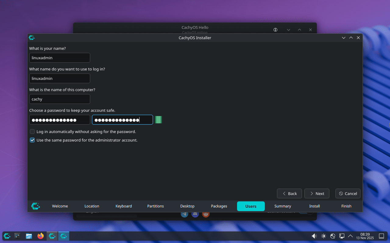 Setup a user for the new cachyos install