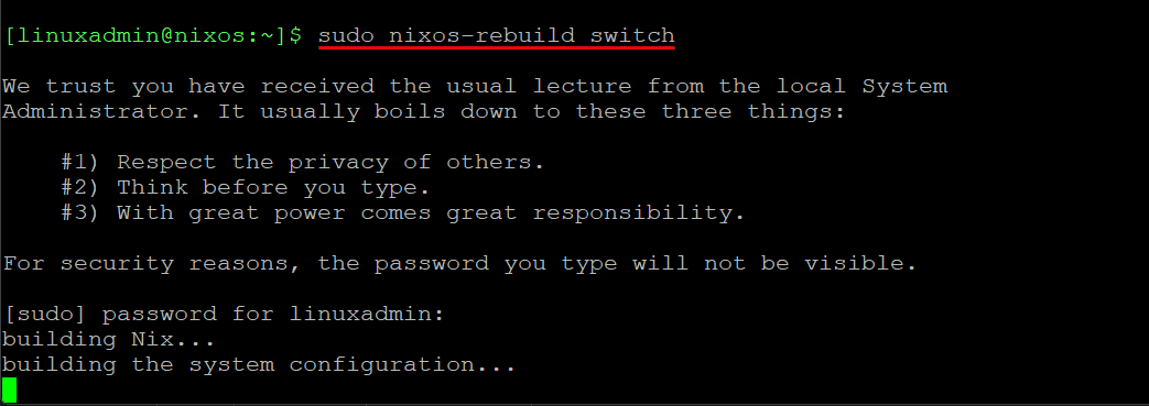 Sudo nix rebuild switch command