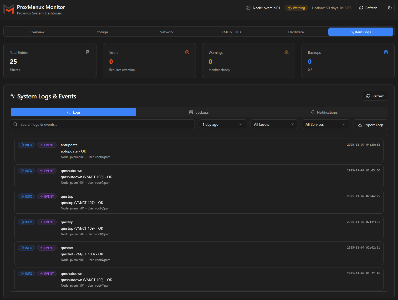 System logs and events in proxmenux monitor