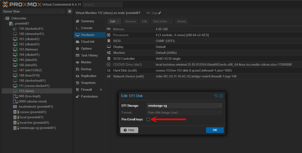 Uncheck preenroll keys for nixos install as uefi