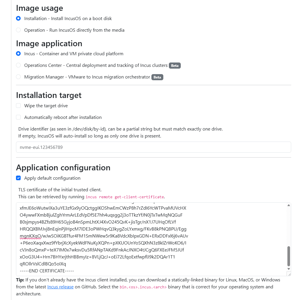 Using the incusos web ui configurator and downloader