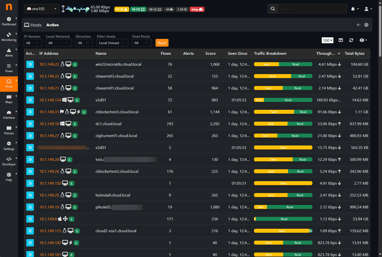 Viewing hosts in the ntopng hosts dashboard