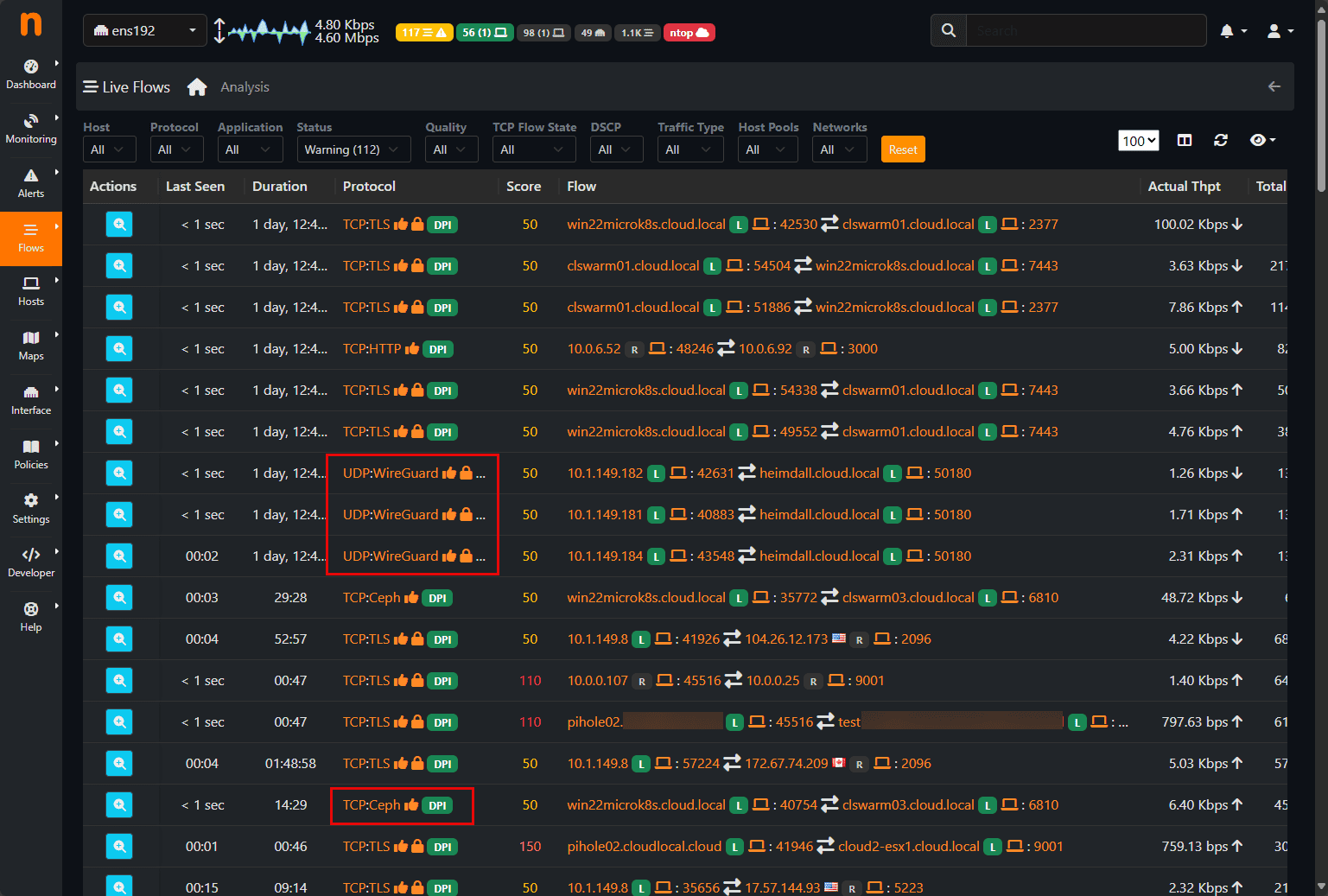Viewing live flows and traffic classifications in ntopng