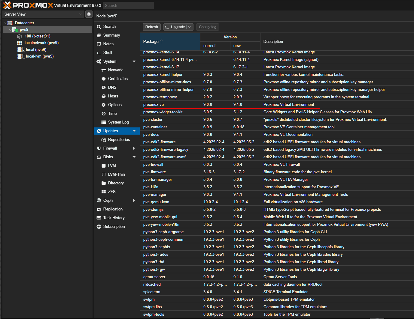Viewing the available updates for proxmox 9