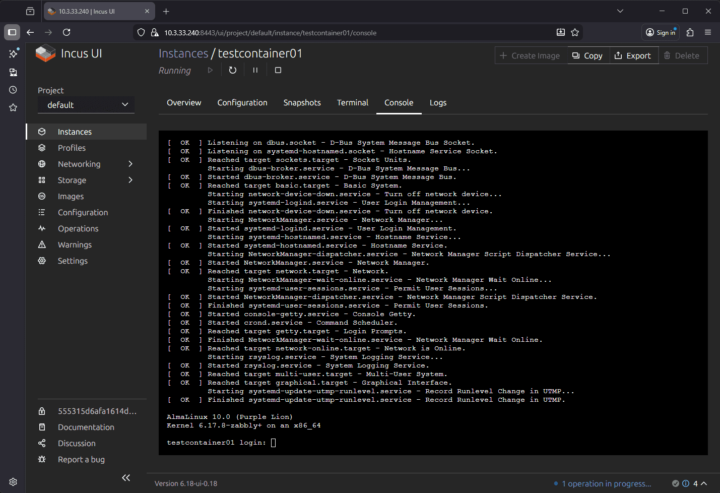Viewing the console of the new container running in incusos