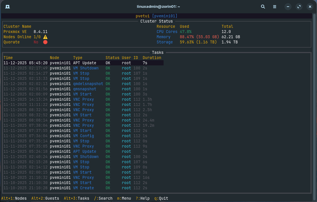 Viewing the tasks screen in pvetui